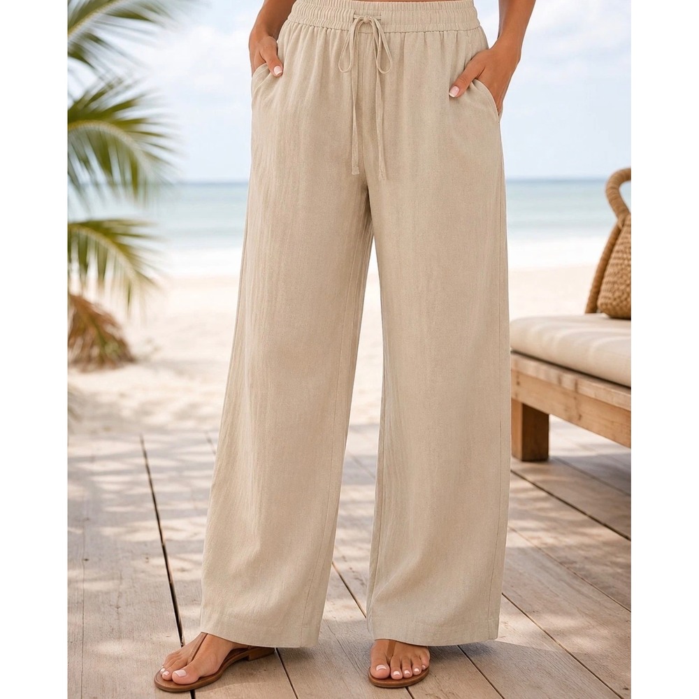 Briggs Tan Linen Blend Wide Leg Drawstring Pants Women •L• Coastal Granda Beachy